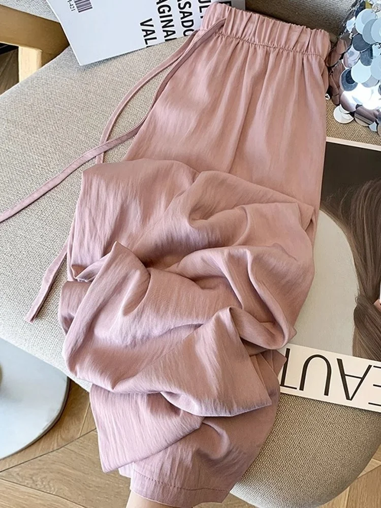 Ice Silk Wide Leg Pants Women's Summer Thin Loose High Waist Quick Dry Straight Casual Sports Sun Protection Trousers