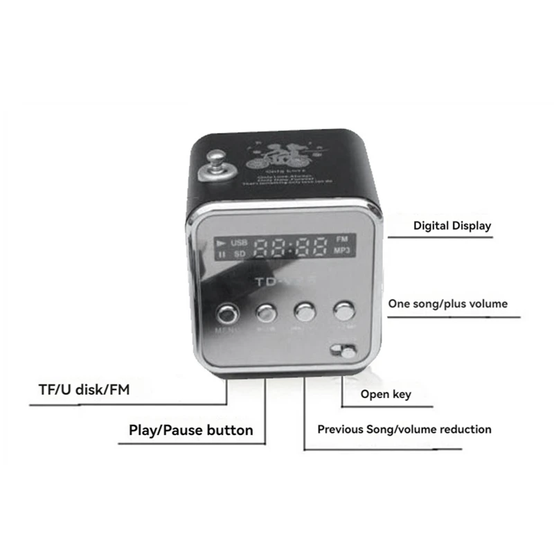 ●TD-V26 Digital Portable Mini Fm Radio Receiver LED Loudspeaker Wireless Speaker MP3 Support SD/TF Card Black