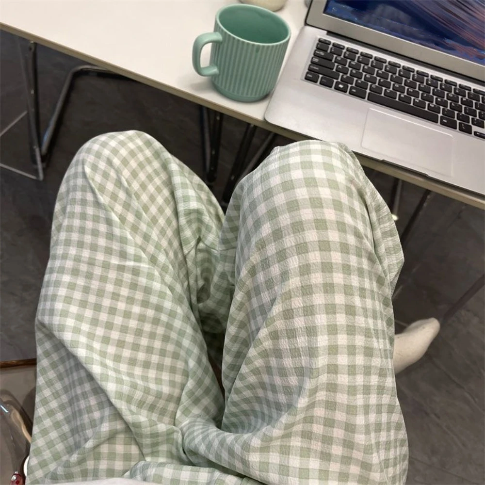 

Comfortable Stripe Plaid Casual Pants Women Wide Leg Pajamas Sweet Trousers Nightwear High Waist Girls’ Sleepwear Spring Autumn