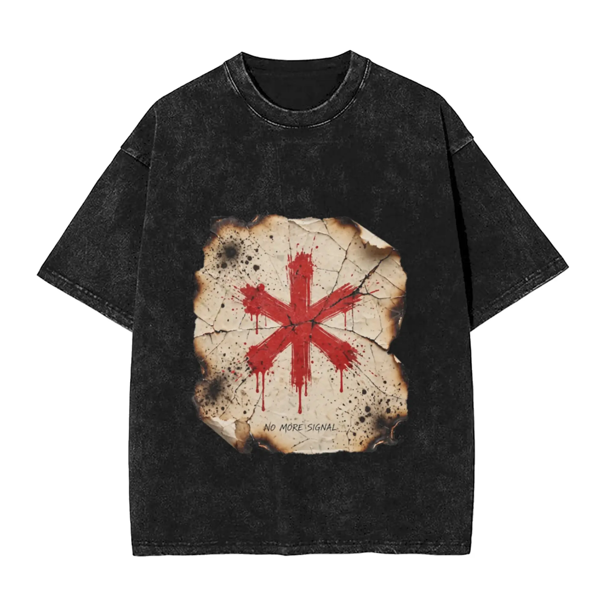No More Signal Burnt Paper Red X Grunge Art Unique Chic A Washed T Shirt Men's Women's Oversized Cotton Tees Tops