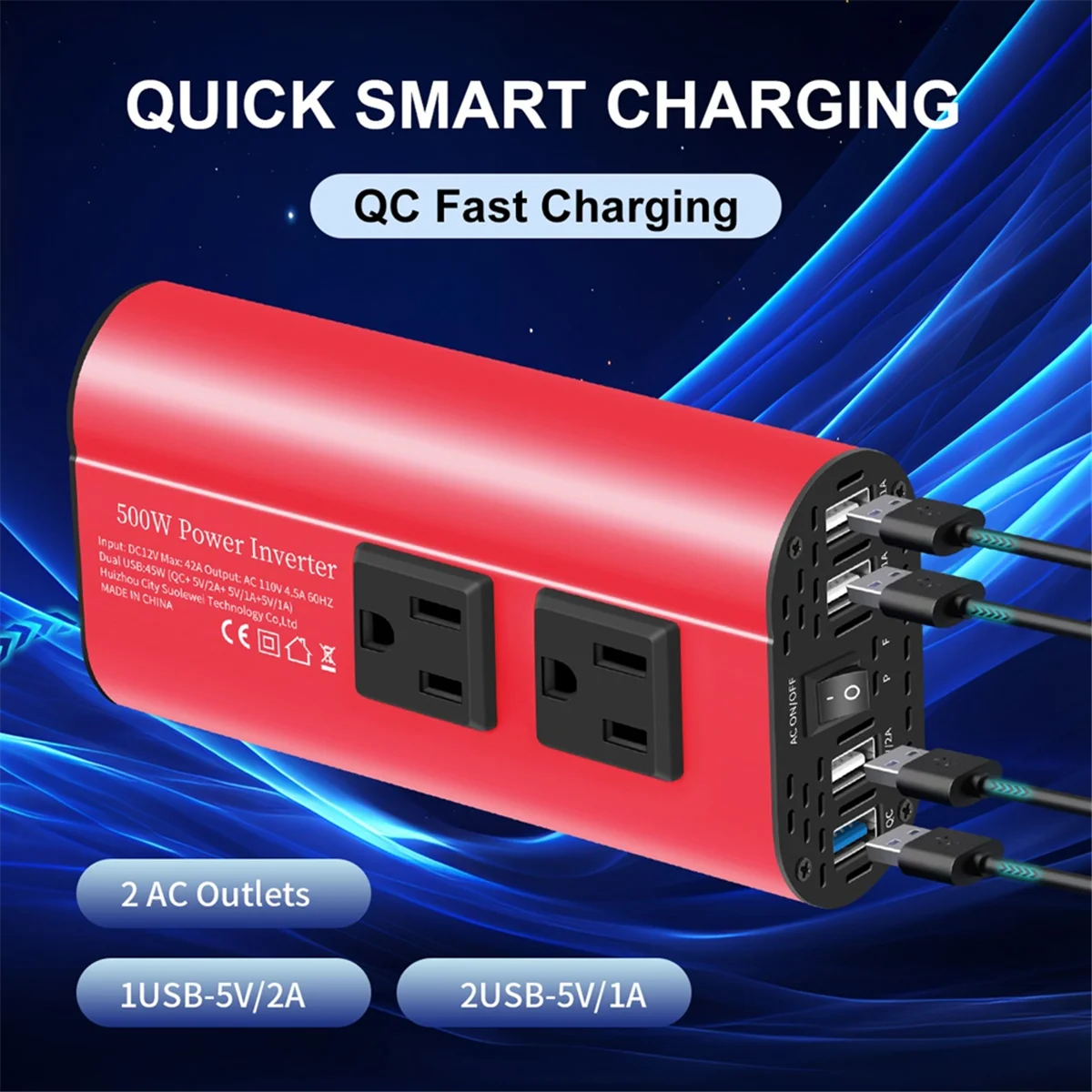 AT42 자동차 인버터 500W DC 12V ~ 110V AC 자동차 인버터 변환기 미국 표준 소켓이있는 자동 변압기