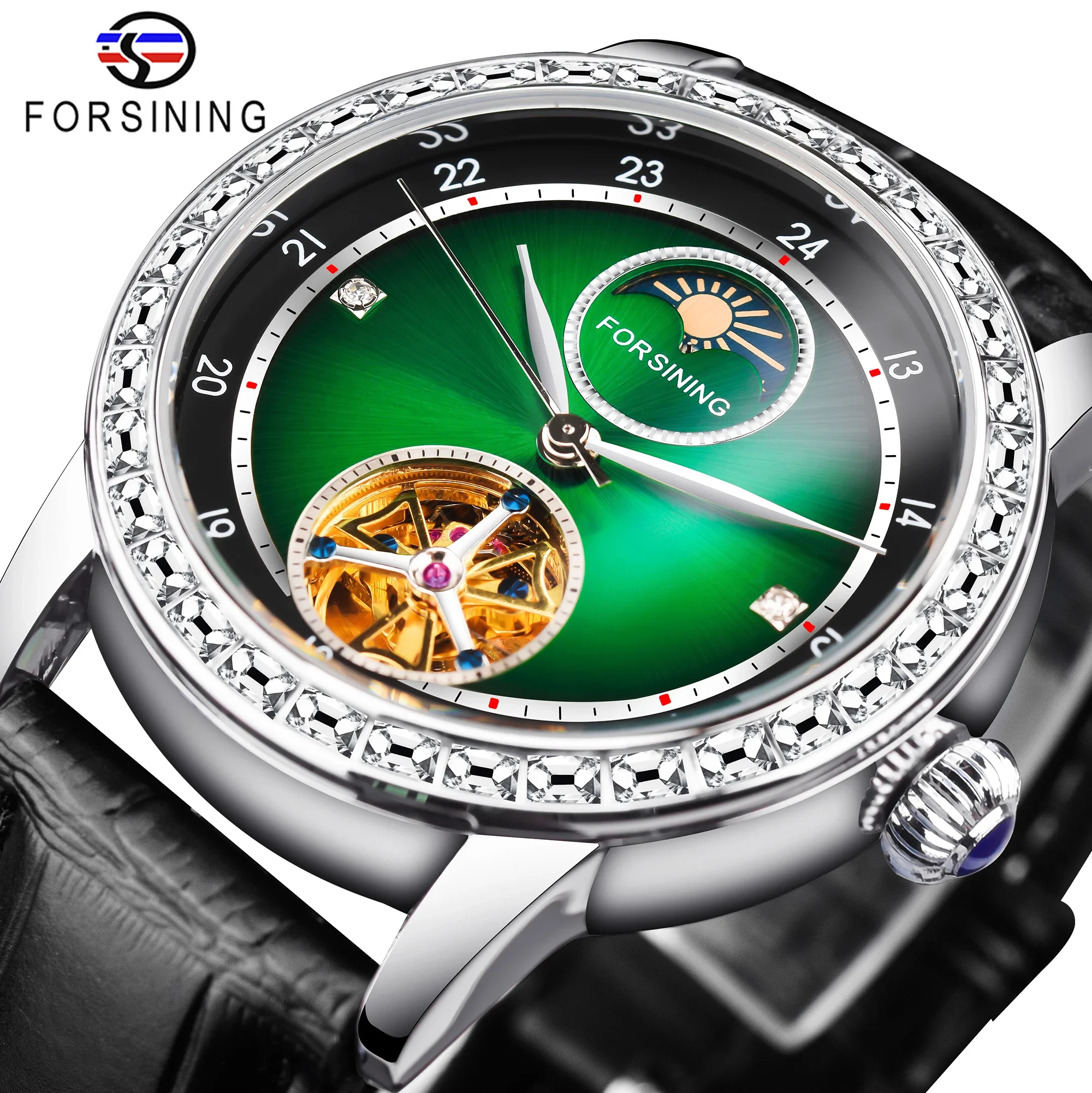 Forsining Business Man's Watch Luxury Jade Green Design Waterproof Elegant Automatic Mechanical Skeleton Clock Leather Watches