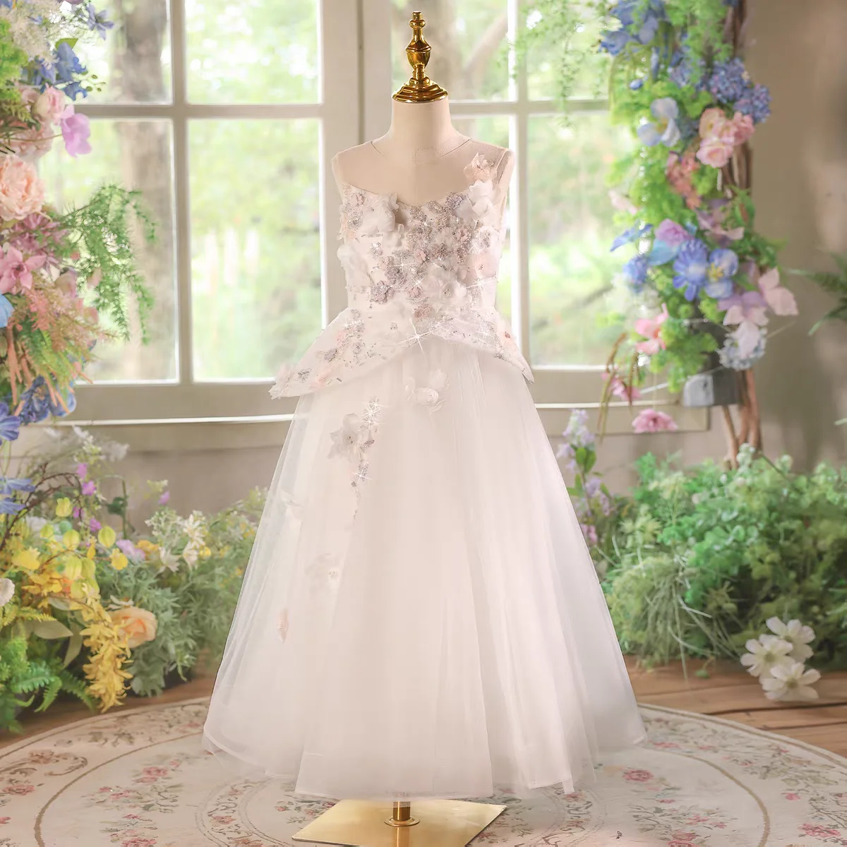 Dreamy voto d192 branco miçangas lantejoulas flores vestido de princesa para meninas lindo casamento festa de aniversário concurso vestido de férias