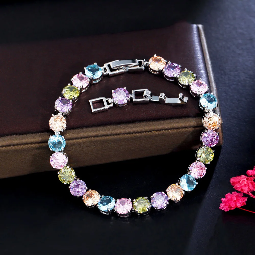 ThreeGraces Shiny Multicolor Cubic Zirconia Fashion Round CZ Tennis Bracelet for Women New Trendy Daily Party Jewelry BR388