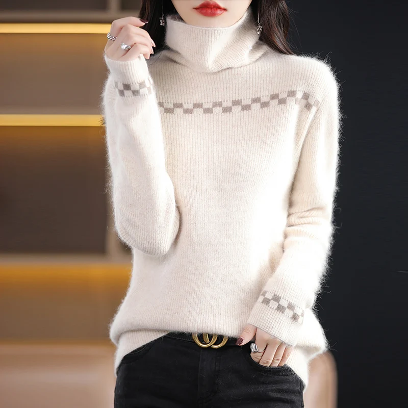 

Women's 100% Mink Cashmere Thickening Sweater Pile Collar Color Block Pullover Autumn Winter Casual Knitting Basic Large Top