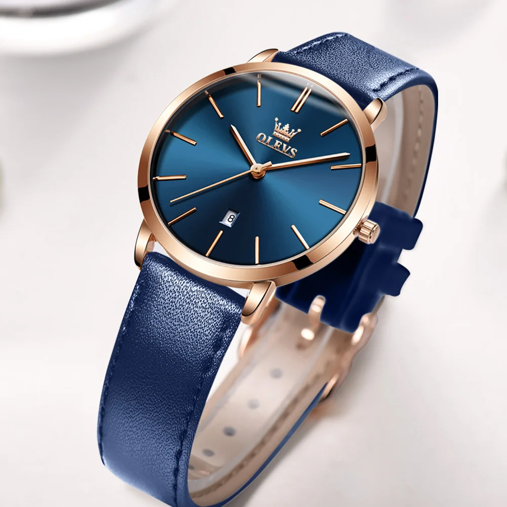 OLEVS Casual Quartz Watch for Women 6.5mm Ultra-thin Dial Gold Blue Leather Strap Fashion Luxury Brand Women\'s Wristwatches