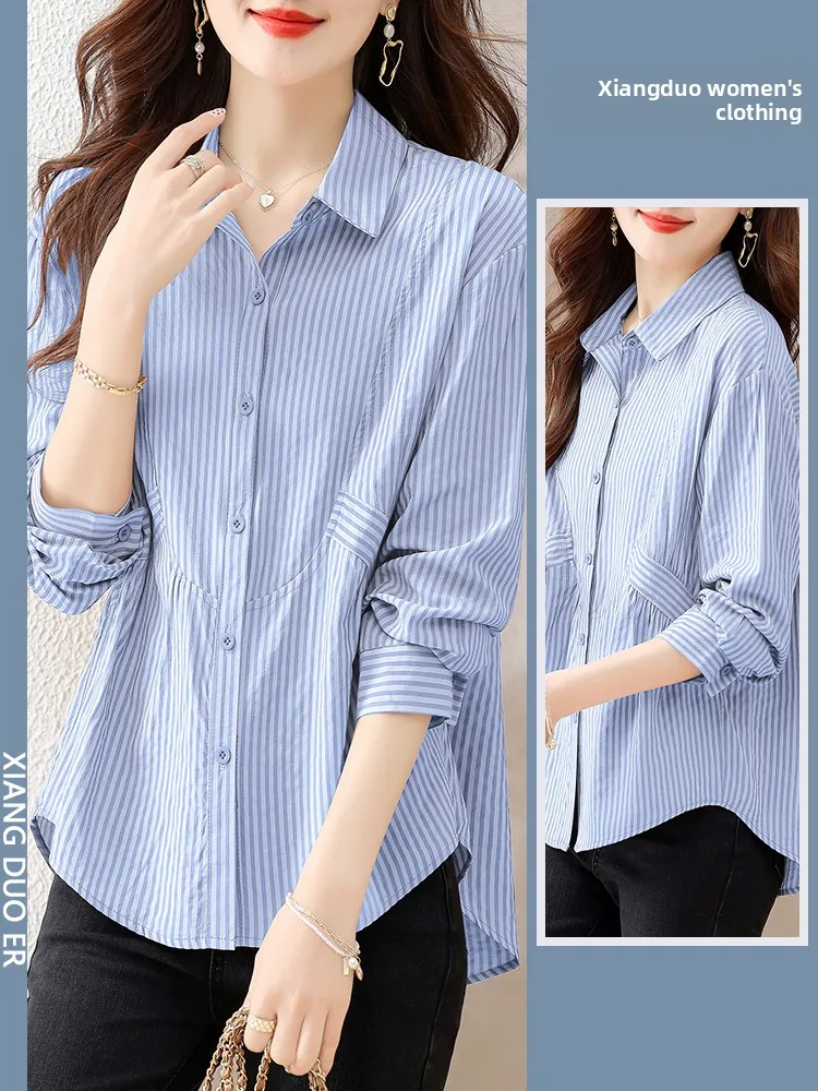 

Весна-Осень 2026: Новая женская модная рубашка с воротником в полоску, универсальная, с оригинальным дизайном, повседневная, свободного кроя, с длинным рукавом