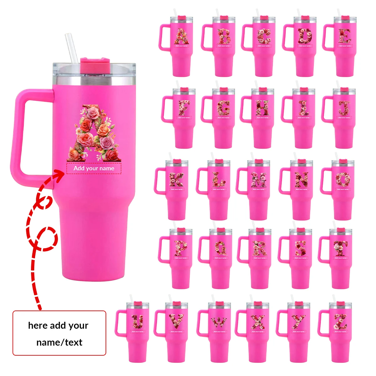 1Pc Customized Name Large Capacity Coffee Bottle with Straw Lid Printed 3D Rose Letters Coffee Cups Hot Cold Insulated Water Cup