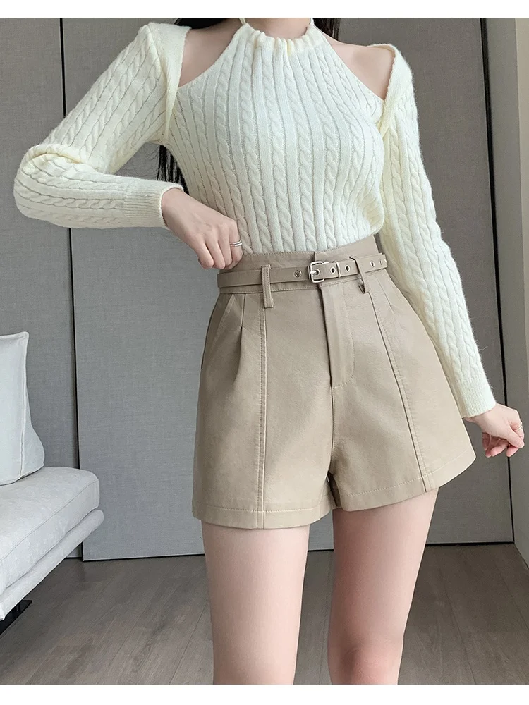 SMTHMA 2024 Sexy Faux Leather Shorts Women Fashion PU Slim Solid Autumn Winter Short Pants Female High Waisted Shorts