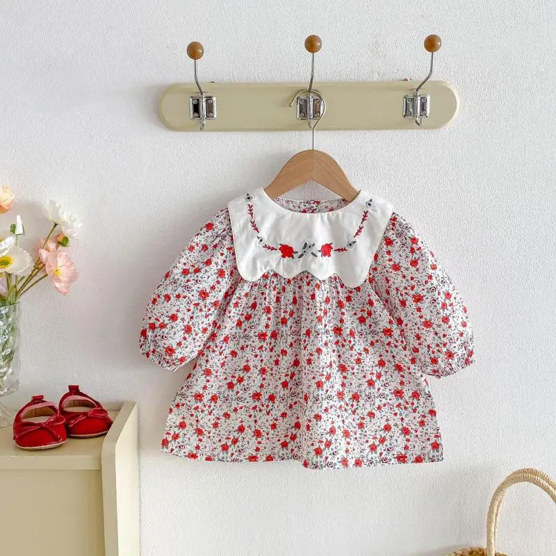 2026 Autumn New Girls Long Sleeve Floral Dress Children Princess Dress Baby Girl Embroidery Dress Cotton Infant Toddler Clothes