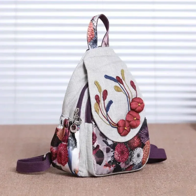 Ethnic Retro Cotton Linen Women Backpack Female Applique All Purpose Rucksacks Lightweight Travel Bags for Girls Schoolbag 2024