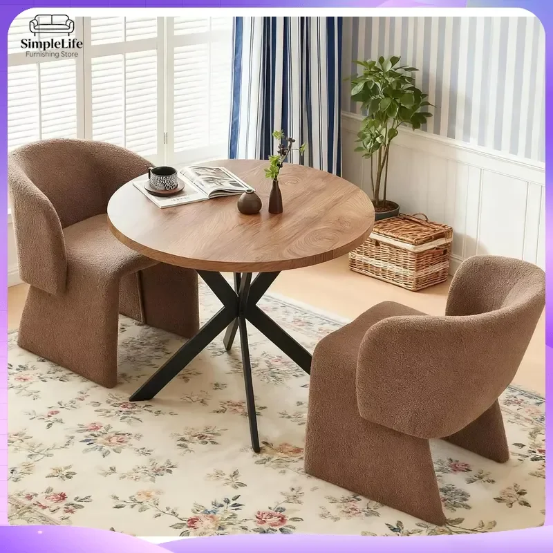 Round Coffee Table Set for 2 People 37 Inch Kitchen Dining Table with 2 Upholstered Barrel Chairs Breakfast Nook Table Wood