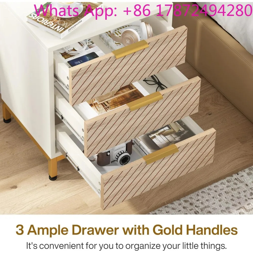 Nightstand with 3 Drawers White and Gold Light Wood Grain Nightstands Bedside End Tables Storage