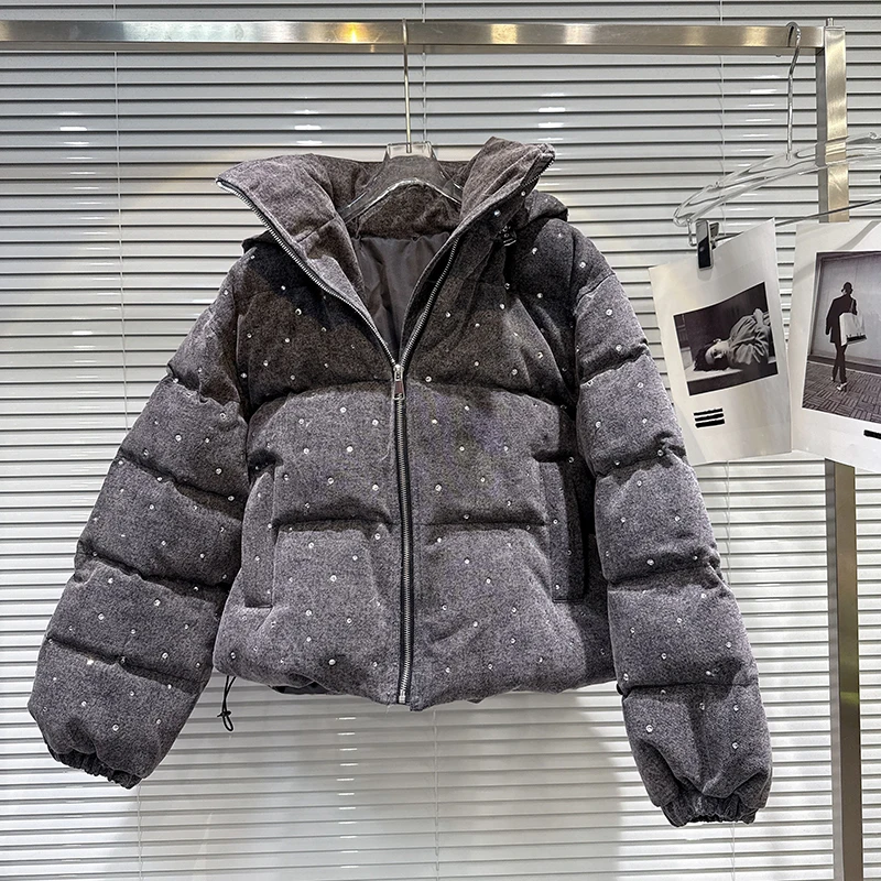

Зимний теплый пуховик с капюшоном и бриллиантами, женский белый утиный пух, повседневная утепленная верхняя одежда на шнурке, женская короткая свободная куртка на молнии
