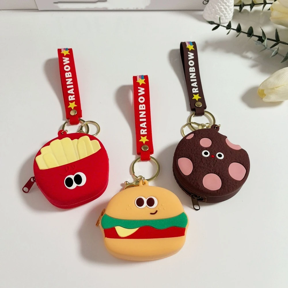 Cute Food Silicone Coin Purse Creative Hamburger Cartoon Keychain Bag French Fries Chocolate Pie Earphone Bag Birthday