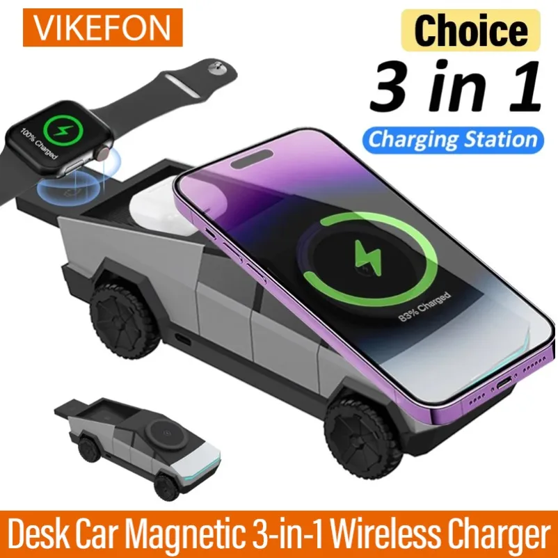VIKEFON Schreibtisch Auto Magnetischer 3-in-1-Wireless-Ladeständer für Magsafe iPhone 16-12 Apple Watch 10~2 SE AirPods Pro Schnellladung