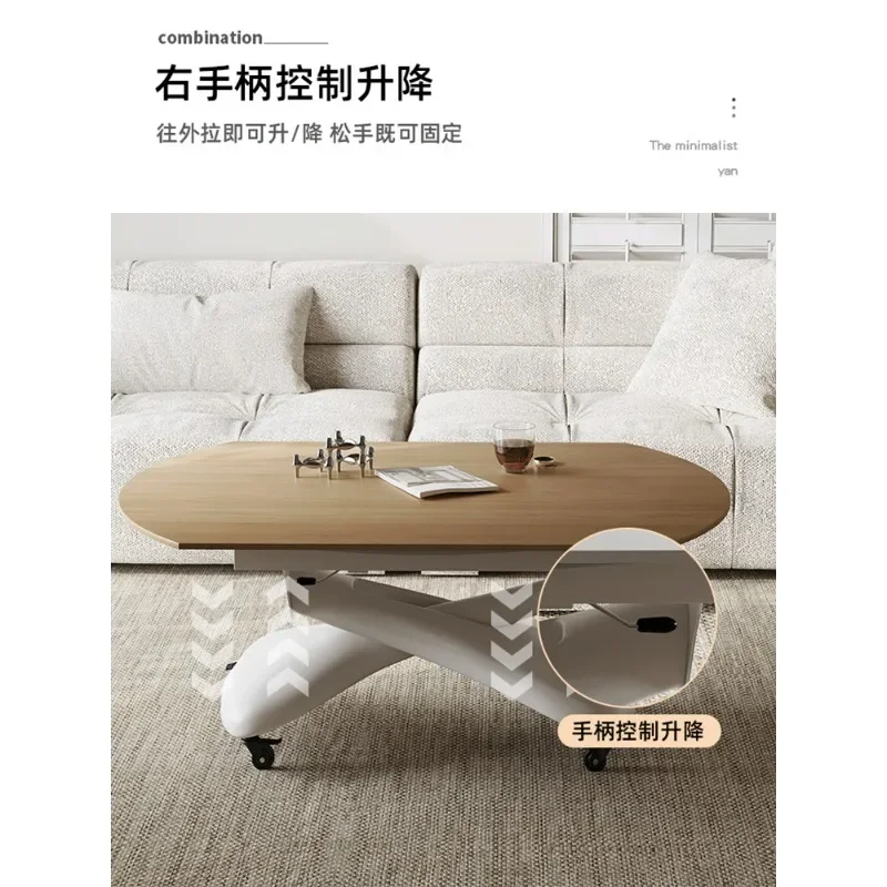 Solid wood lifting coffee table dining table dual-purpose integration, movable coffee table square and round dual-purpose
