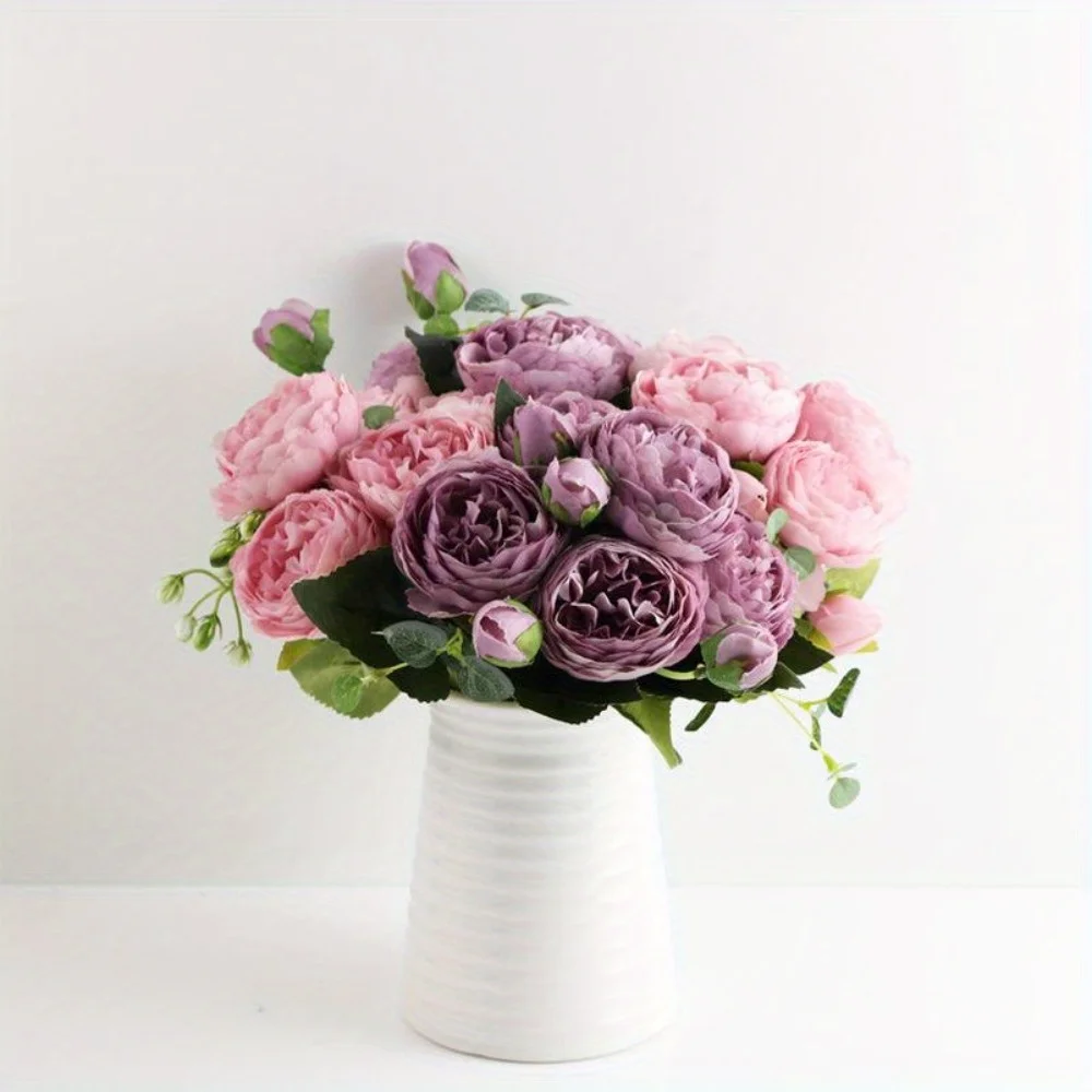 

3 Bunches Artificial Peony Bouquet Silk Peony Artificial Flowers 5 Big Heads 4 Small Bud for Bride Wedding Home
