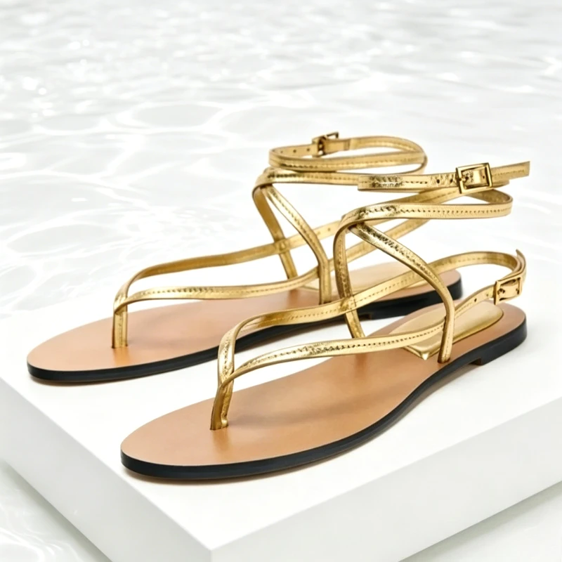 Luxury Gold Ankle Strap Buckle Flat Sandals Women Summer Designer Flip Flops Sandals Comfortable Light Non-slip Beach Shoes