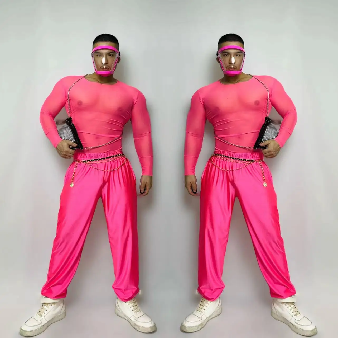 

Adult Male Hip Hop Dance Clothes Nightclub Fluorescence Pink Sexy Mesh Tops Pants Gogo Costume Party Bar Nightclub Rave Outfit