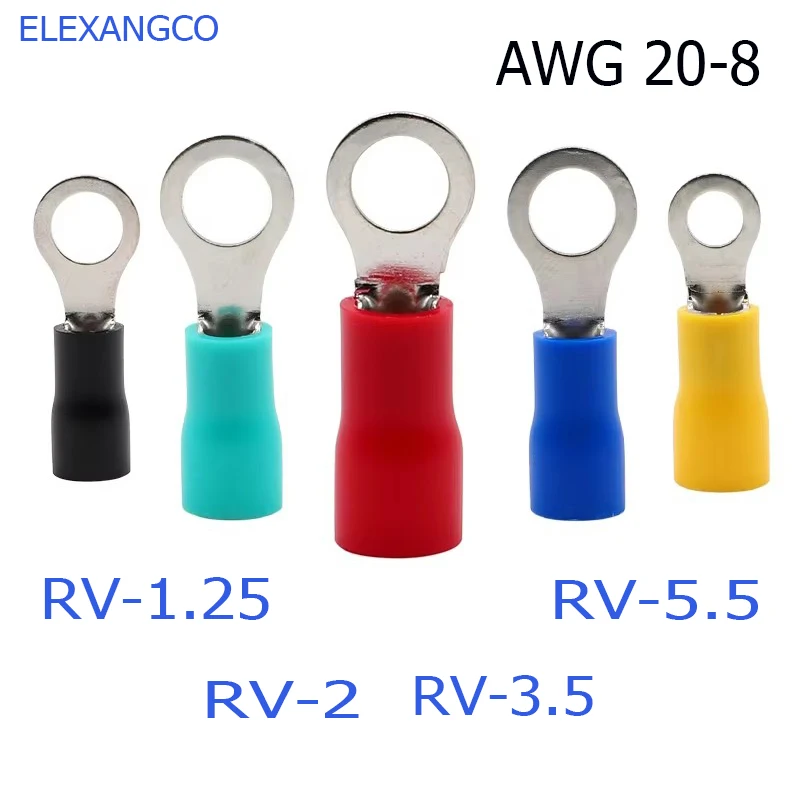 50Pcs RV1.25/2/3.5/5.5 Series Insulated Ring Crimp Terminal Electrical Wire Connector For 22-16-8 AWG 0.5-6mm Cable
