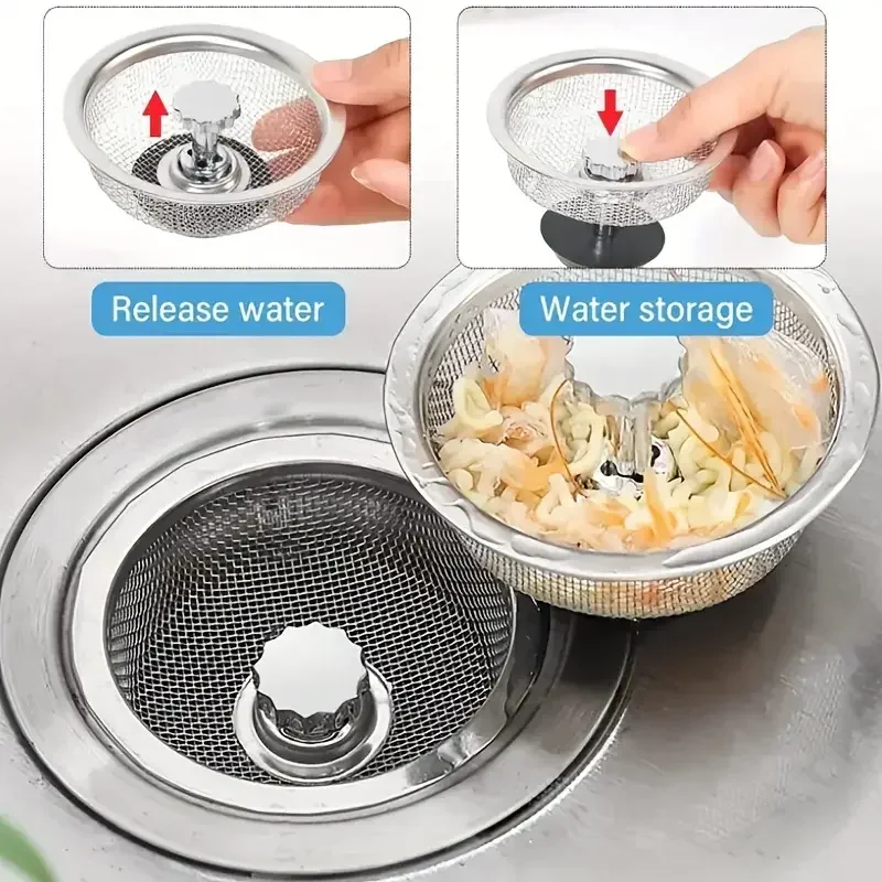 2Set Kitchen Sink Strainer With Handle & Stopper Replacement Drain Basket Stainless Steel Mesh Filter Waste Hole