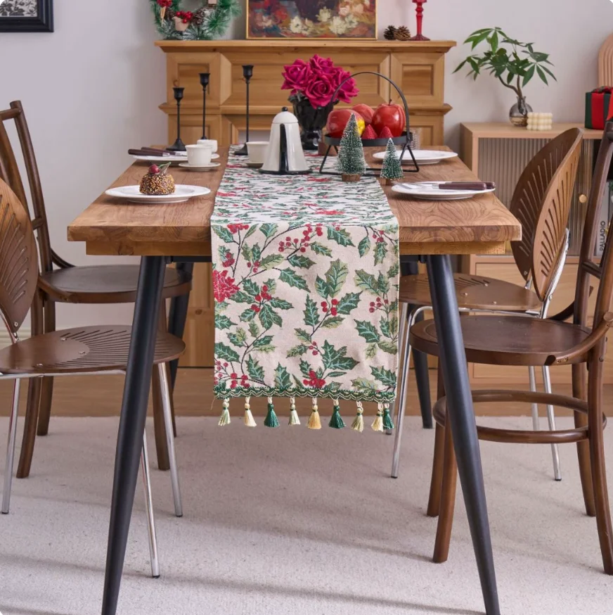 Xmas Holly Table Runner Tassel Linen Table Flag Christmas Decorations Winter Holiday Dining Table Centerpiece Home Party Decor