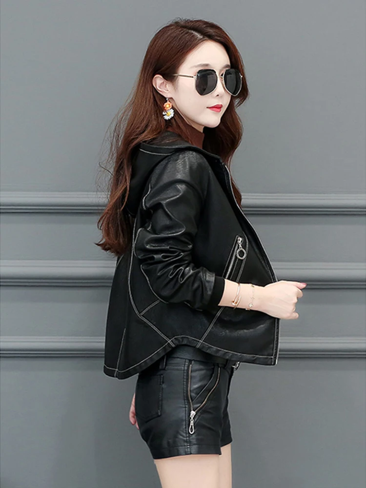 New Women Hooded Leather Jacket Spring Autumn Casual Fashion Long Sleeve Loose Split Leather Outerwear Short Sheepskin Tops Coat