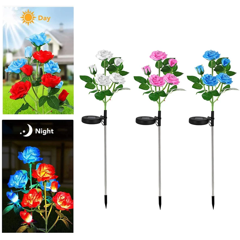 5 Head LED Solar Simulation Rose Flower Solar LED Light Garden Yard Lawn Night Lamp Landscape Garden Home Decoration Flowers