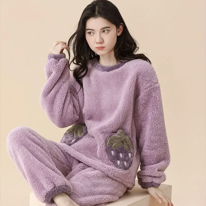 

Coral Fleece Pajama Women's Autumn Winter Thick Loungewear Flannel Sleepwear Solid Color Round Collar Loungewear Set New 2025