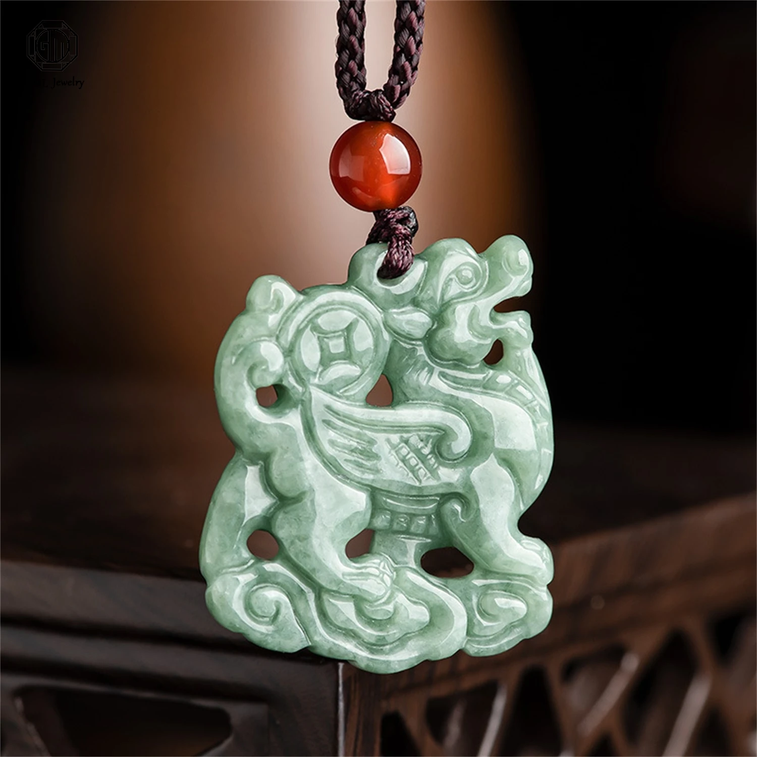 

Natural Type A Jadeite Pea Green Money Kylin Pendant Icy Type Unisex for Men Women Jade Hanging Necklace