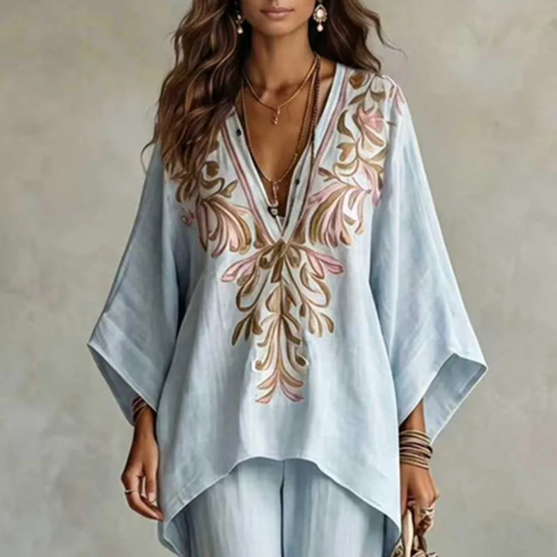 Women Boho Embroidery 2 Piece Outfit Deep V Neck Batwing Sleeve Blouse Wide Leg Pants Suits Vintage Vacation Loose Matching Sets