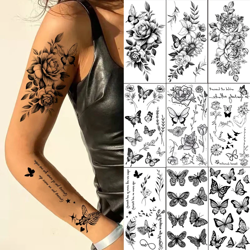 Black Flower Tattoo Stickers for Hand Arm Waterproof Temporary Tattoos for Women Butterfly Fake Tattoo Sleeve Tatoos Girls