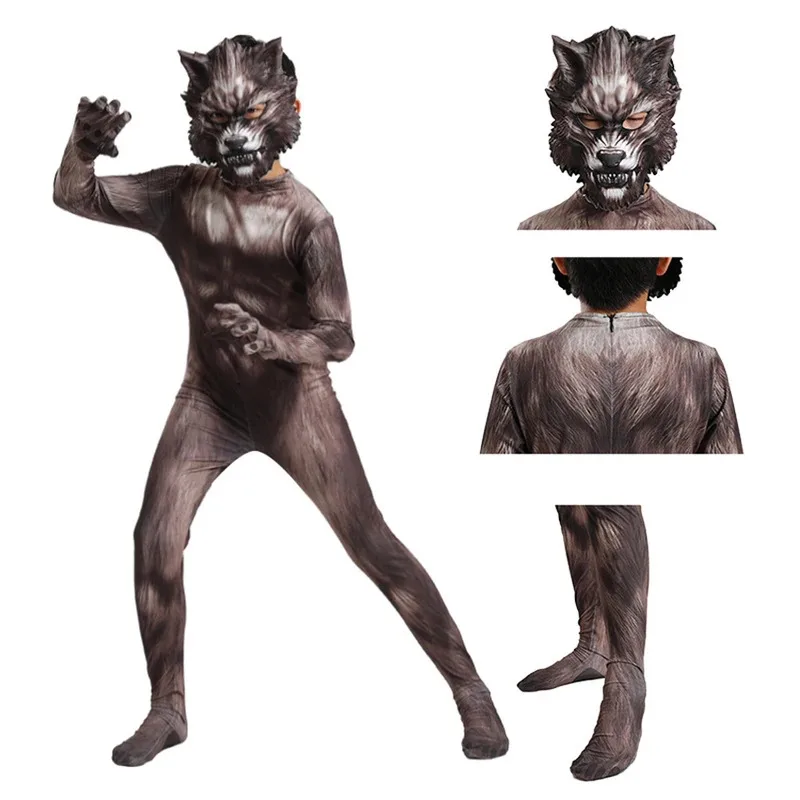 

Werewolf Fursuit Cosplay Anime Ferocious Scary Halloween Costumes for Kids Zentai Monster Wolf Mask Jumpsuits Disguise Dress