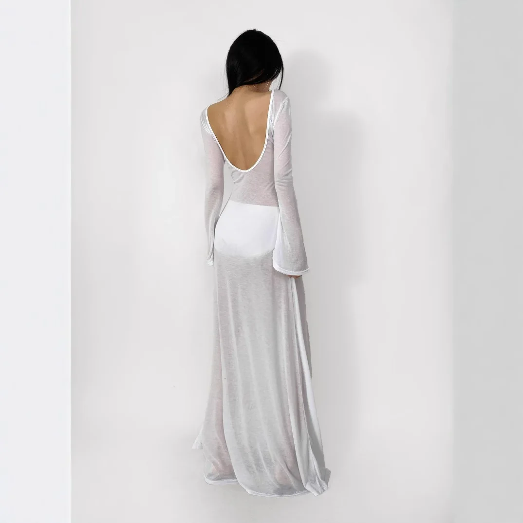 Robe longue transparente à manches longues pour femmes, vêtements de plage, Sarelle, dos bas