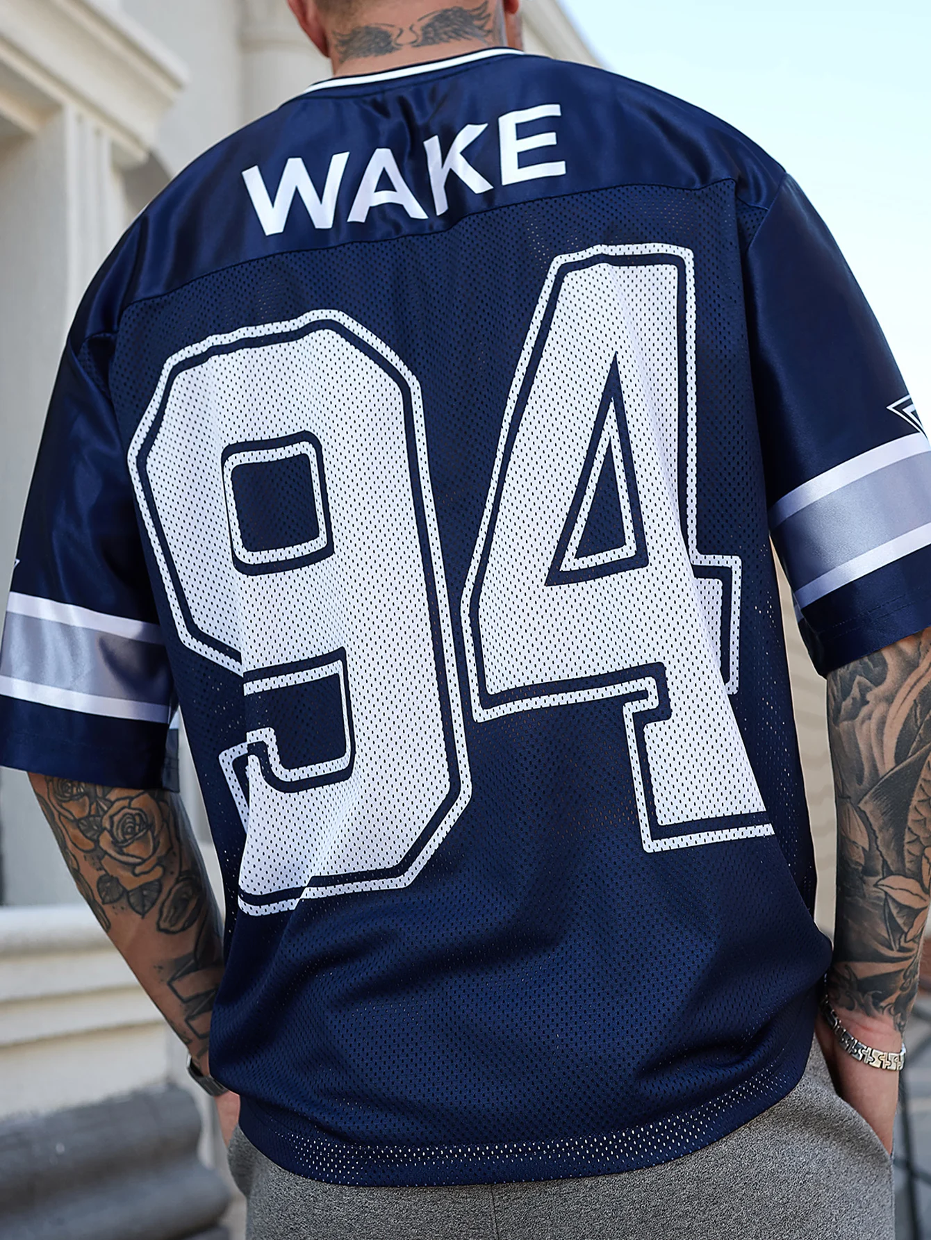 Men's Vintage Sports Football Jersey 94 Never Stop Print Mesh Polyester Navy V Neck Short Sleeve T-Shirt XS-2XL All Size 1Pc