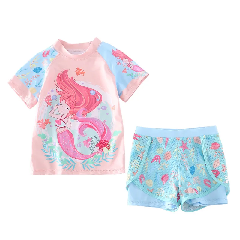 HappyFlute 16-38kg 2-Pieces Set Children\'s Swimming Pool Swimsuit Girls Lovely Split T-shirt Sweet Printed Infant Swimwear