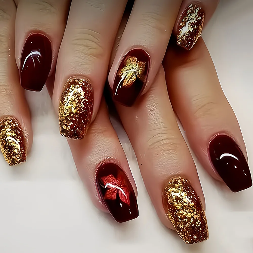 24pcs/set Short Square Ballet almond fake Nails tips Red Black Gold Purple Floral Geometric Pattern Press-On False Nails art set
