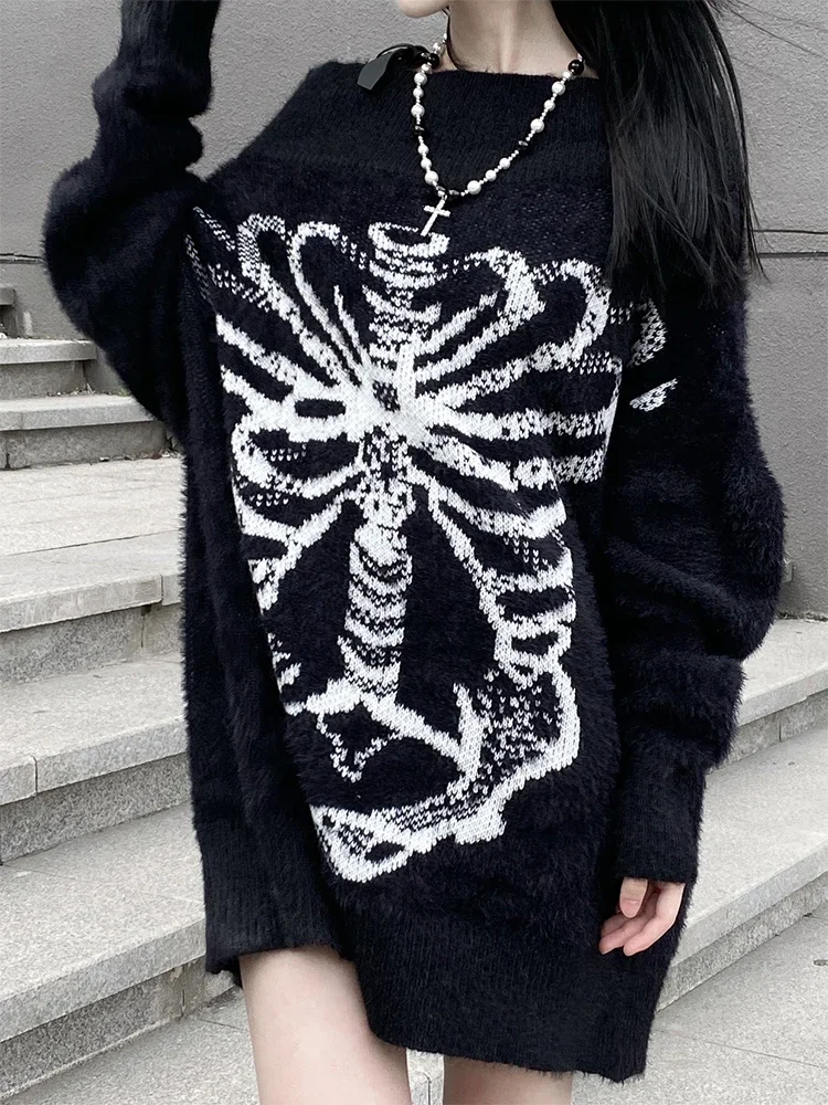 New Autumn Harajuku Gothic Hot Girls Black Bone Print Hip Hop Knitting Long Sleeve Top Fashion Punk Pullover Cool Girl