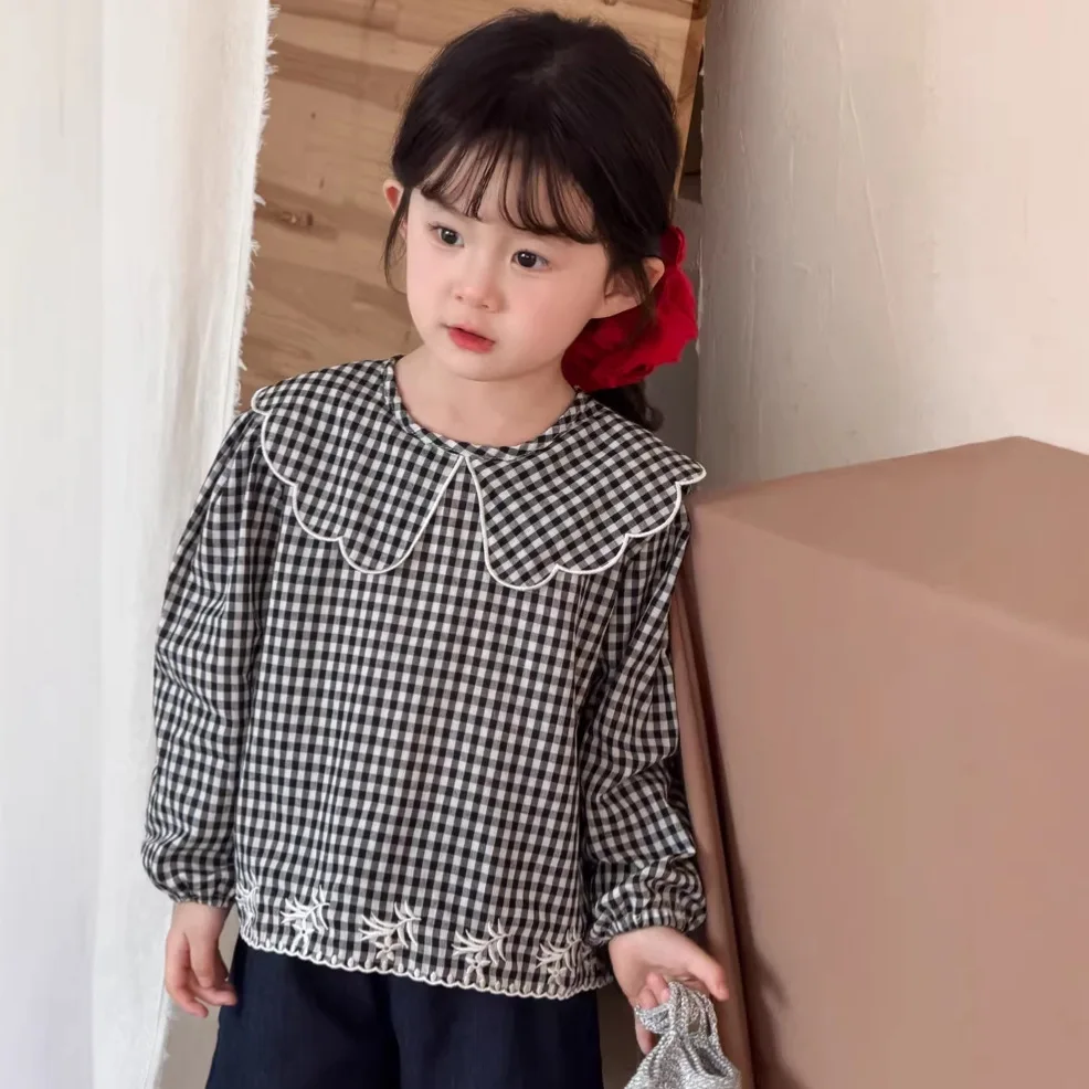2026 Spring New Children Long Sleeve Shirts Cotton Girls Ruffle Collar Plaid Blouse Children Loose Embroidery Tops Kids Clothes