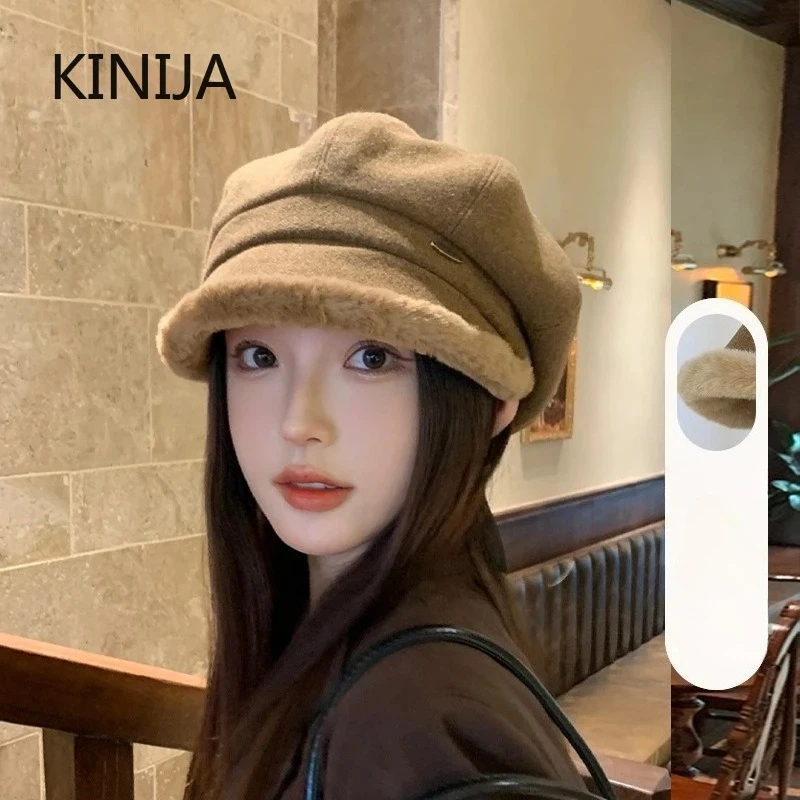 Winter Maler Hut Lamm Fleece Schirmmütze Coldproof Harajuku Koreanischen Stil Warm Halten Plüsch Achteckige Kappe Mädchen Eimer Hut
