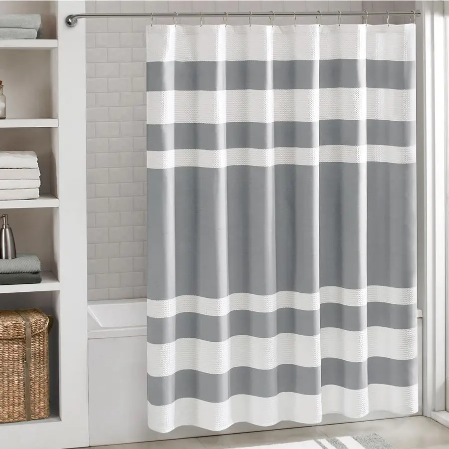 

Shower Curtain Waffle Weave Striped Pieced Design Fabric Shower Curtains for Bathroom with 3M Scotchgard Moisture Management Pre