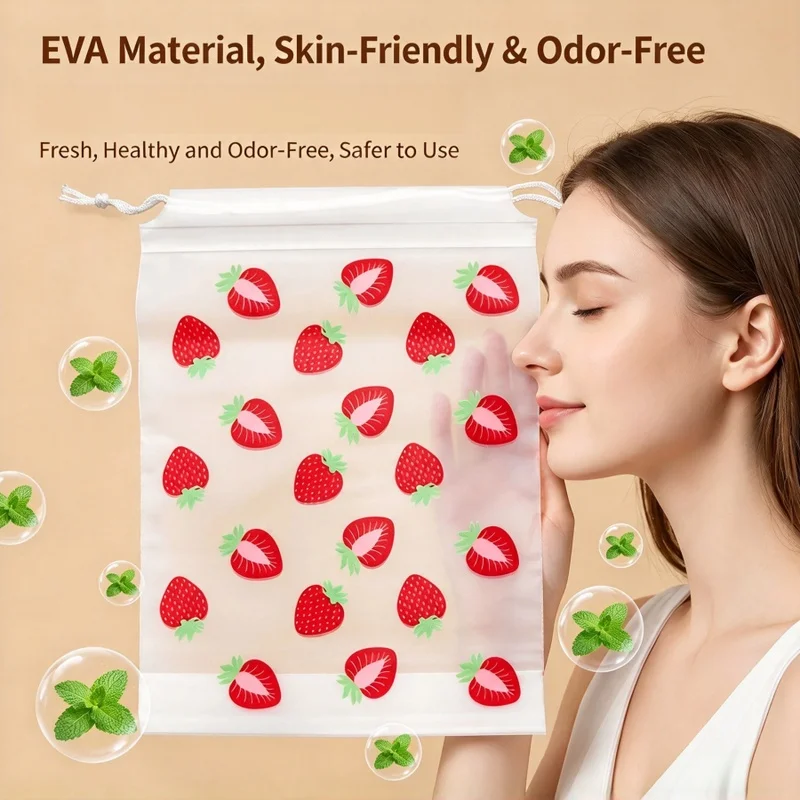 5Pcs Strawberry Print Drawstring Storage Bags, PE EVA Frosted Transparent Pouch, Dustproof Pull String Packaging Bags