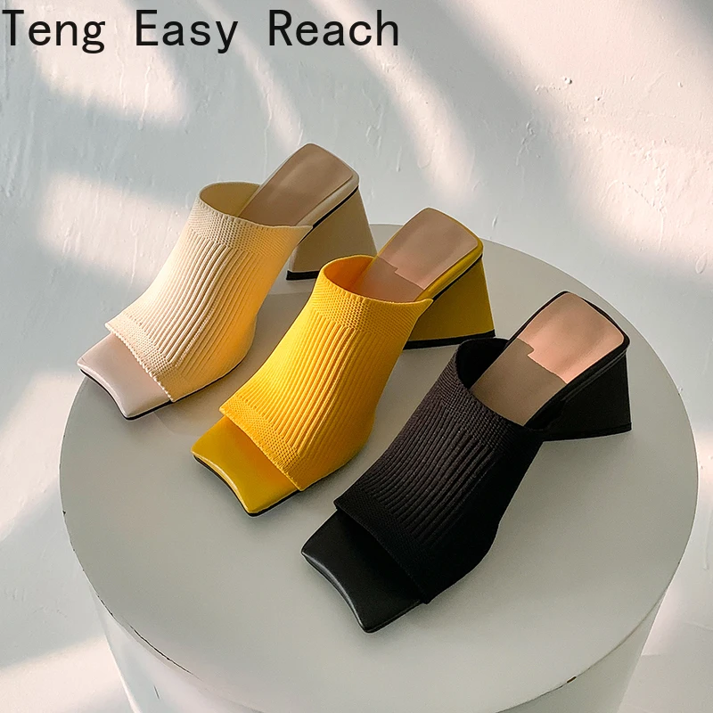 

2022 New Summer sandals knitting Triangle Thick heel Slippers Sexy Street Woman Square toes Dress Party shoes black yellow