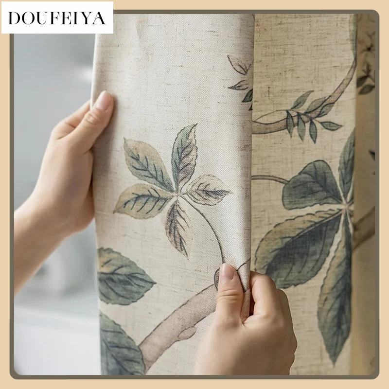 

American Pastoral Gray Plant Leaf Cotton and Linen Blackout Curtains for Bedroom Beige Original Hemp Window Treatment Drapes