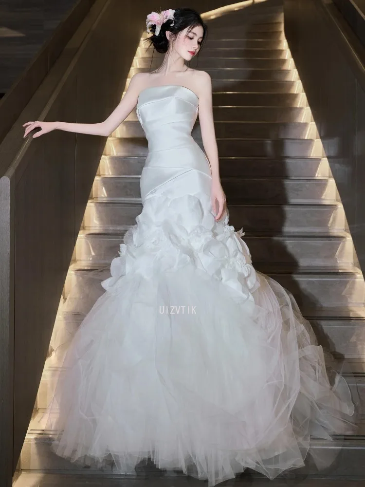 Luxury Strapless Mermaid Korea Wedding Dresses Women Modern Satin Tulle Long Elegant Bridal Gowns Customized 결혼식 드레 Photo Shoot