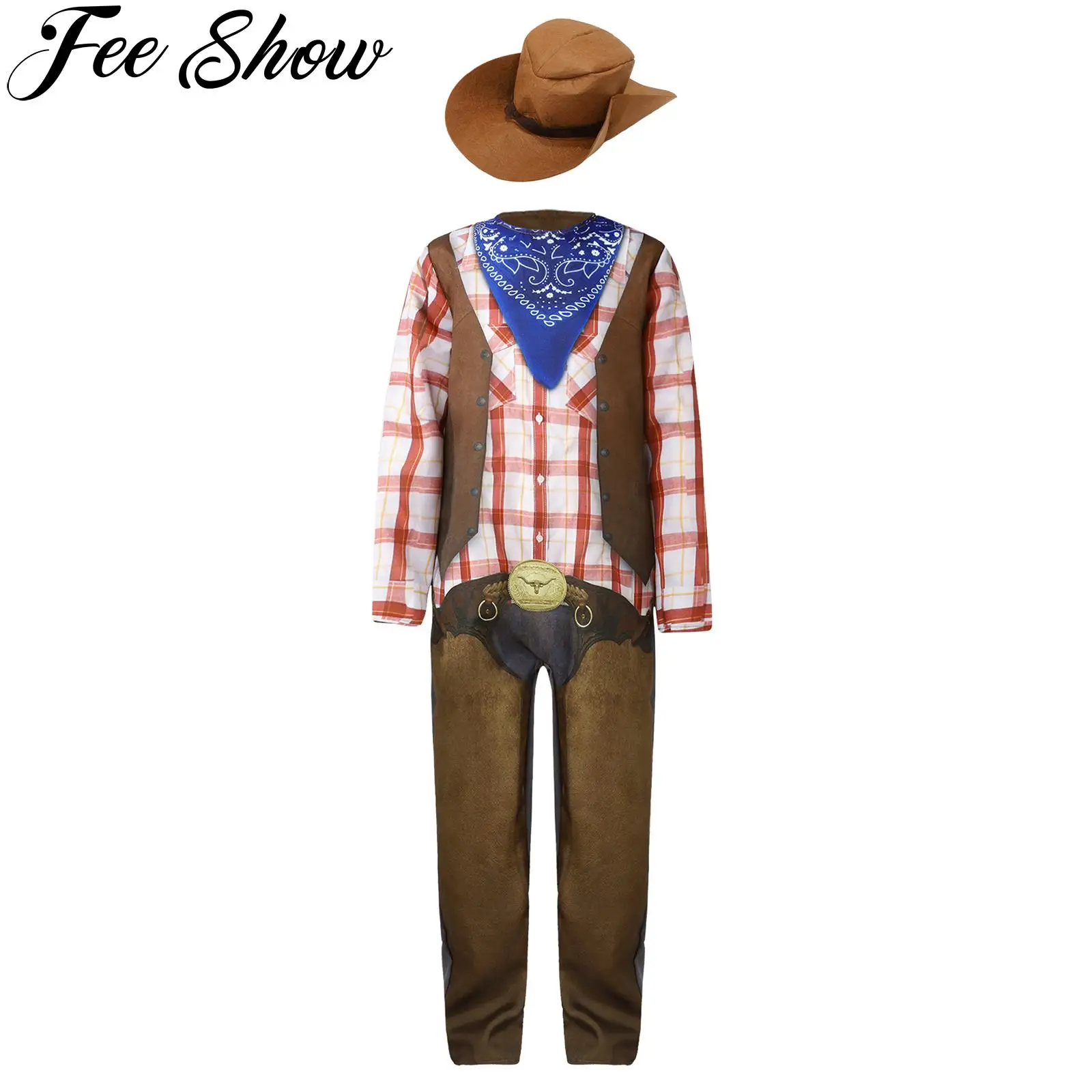 

Kids Boys Western Cowboy Costume Halloween Cosplay Dress Up Long Sleeve Plaid Bandana Print One-piece Jumpsuit and Felt Hat Set