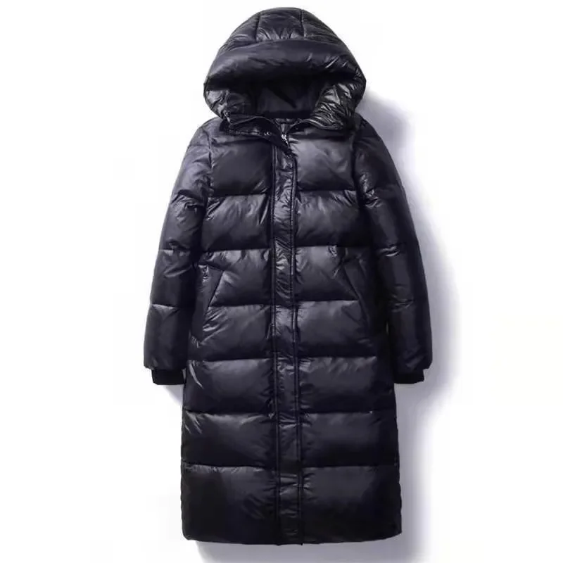 Parka nero lucido cappotto donna 2024 moda addensare inverno con cappuccio giacca lunga allentata femminile antivento antipioggia caldo capispalla