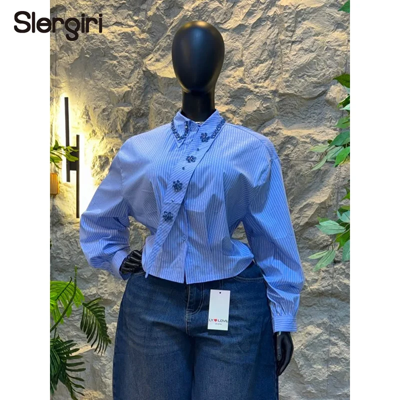 Slergiri Striped Diamonds Long Sleeved Shirt Women Fashion New 2026 Autumn Single-breasted Casual Female Short Blouses Top