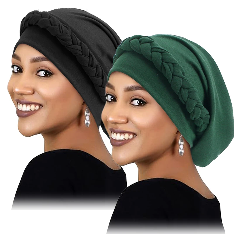 2PCS/LOT Women Twisted Braid Hair Cover Muslim Stretchy Turban Cancer Hat Chemo Cap Head Wrap Cover Hair Islamic Headwear